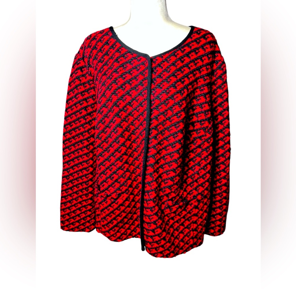 Talbots Red & Black Wool Blend Snap Front Cardigan Business Career Size 3XL